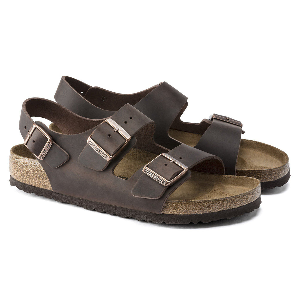 Birkenstock Milano sandals with two front buckle straps and ankle strap on cork footbed