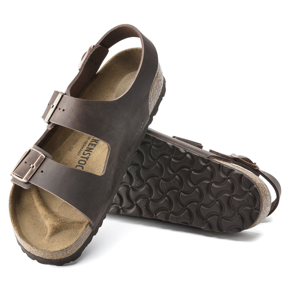 Birkenstock Milano sandals shown from top and sole view with adjustable buckle straps