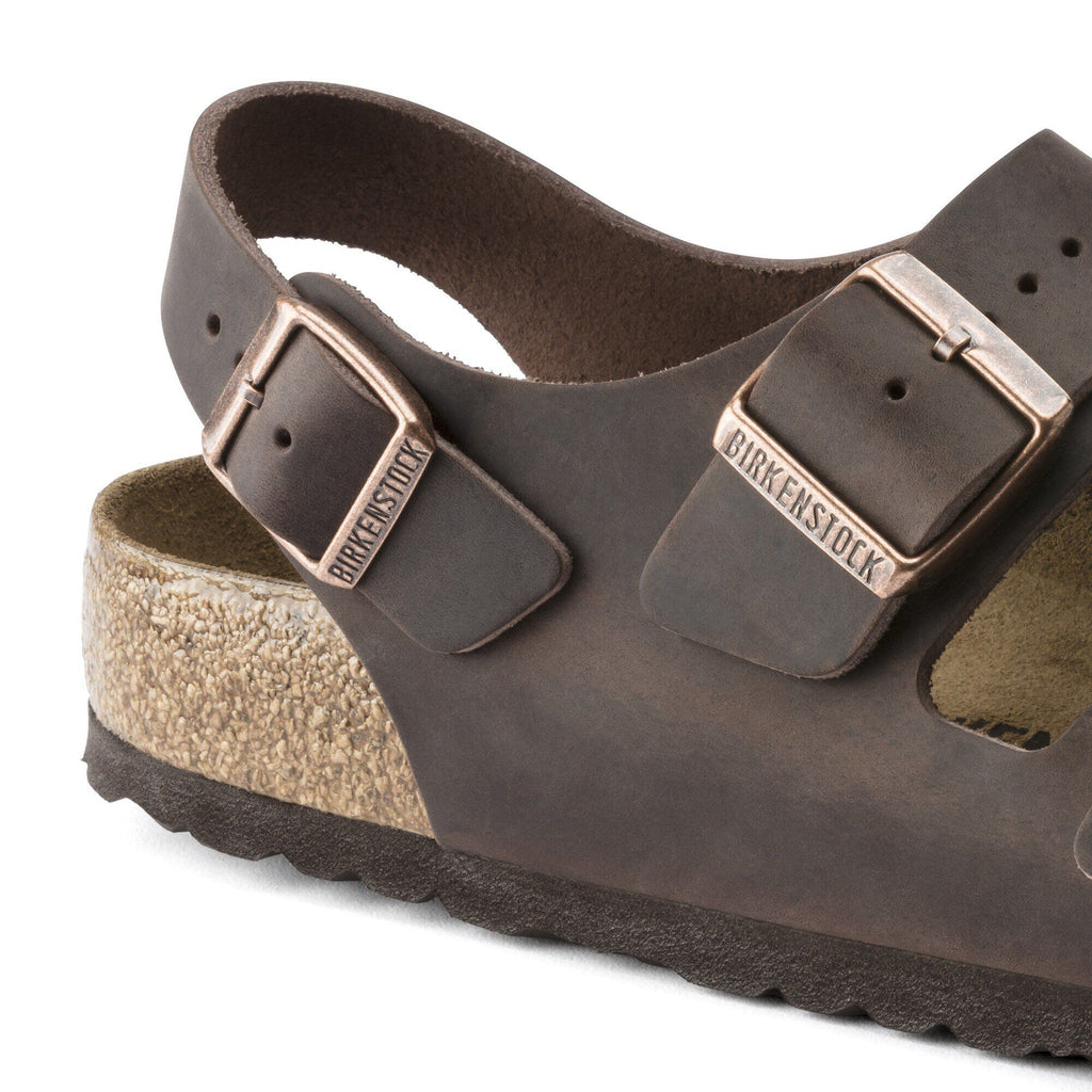 Close-up detail of Birkenstock Milano sandal showing two adjustable buckle straps and cork footbed