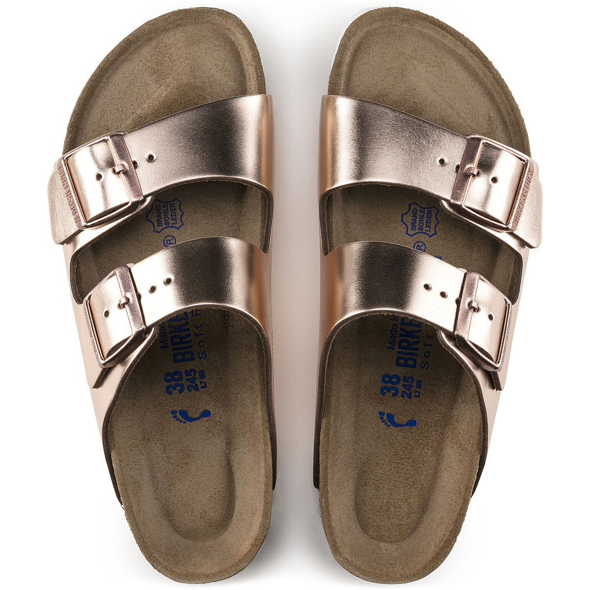 Birkenstock Arizona sandals with two adjustable buckle straps, top-down view showing suede footbed