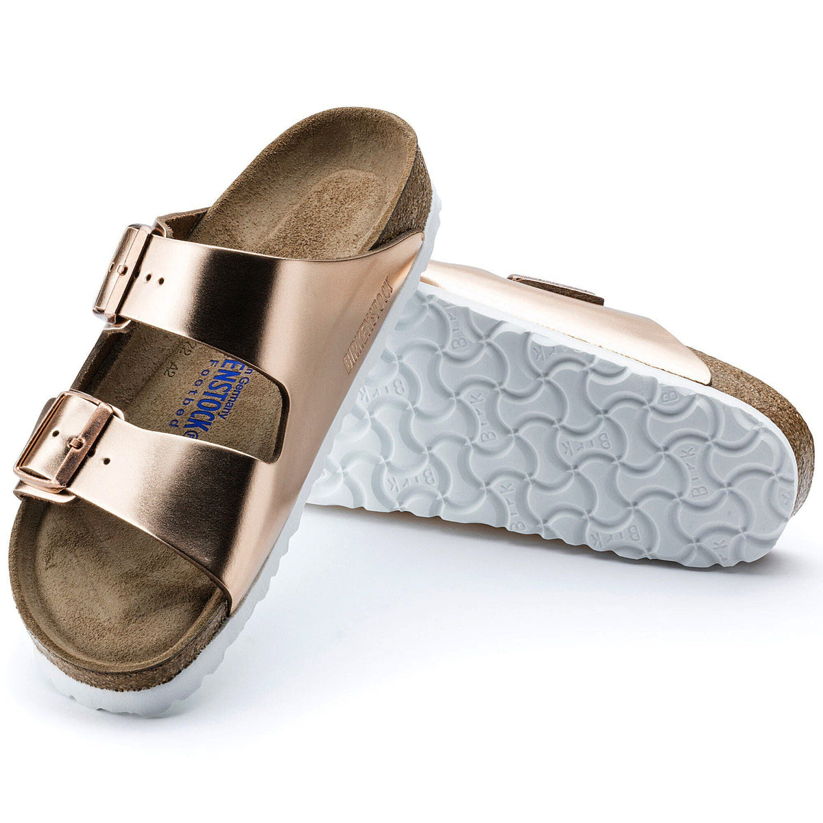 Birkenstock Arizona sandals shown from top and sole view on white background