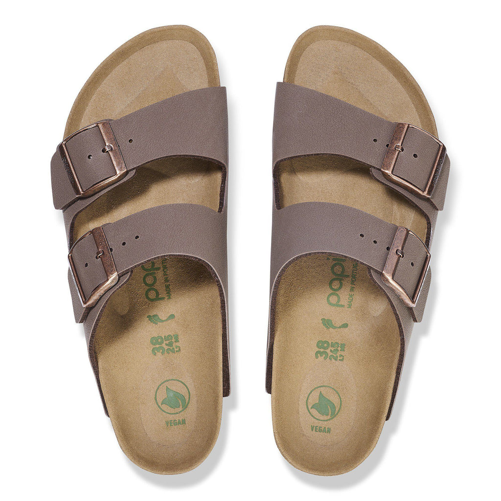 Birkenstock Papillio Arizona vegan two-strap sandals with buckles, top-down view showing footbed