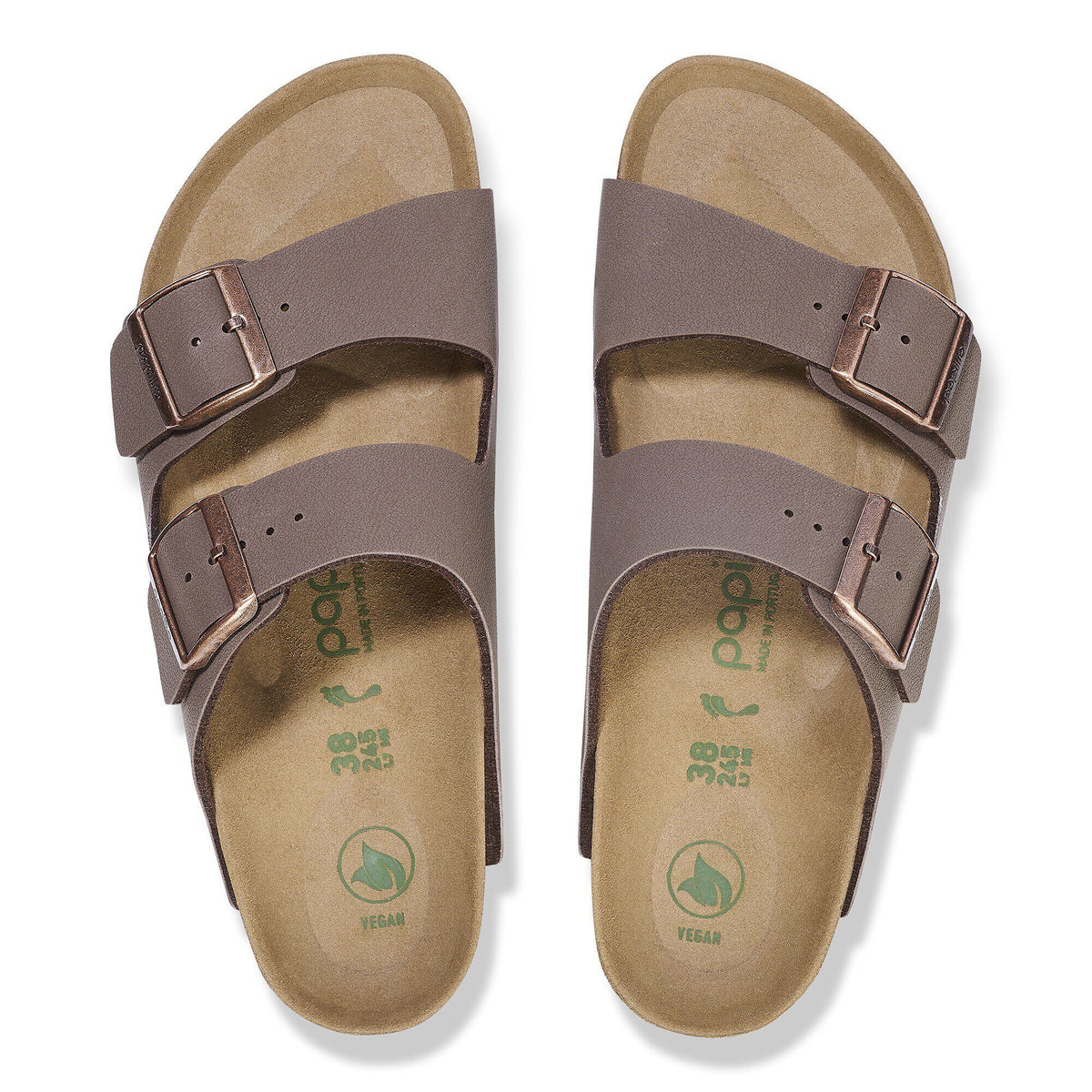 Birkenstock Papillio Arizona vegan two-strap sandals with buckles, top-down view showing footbed