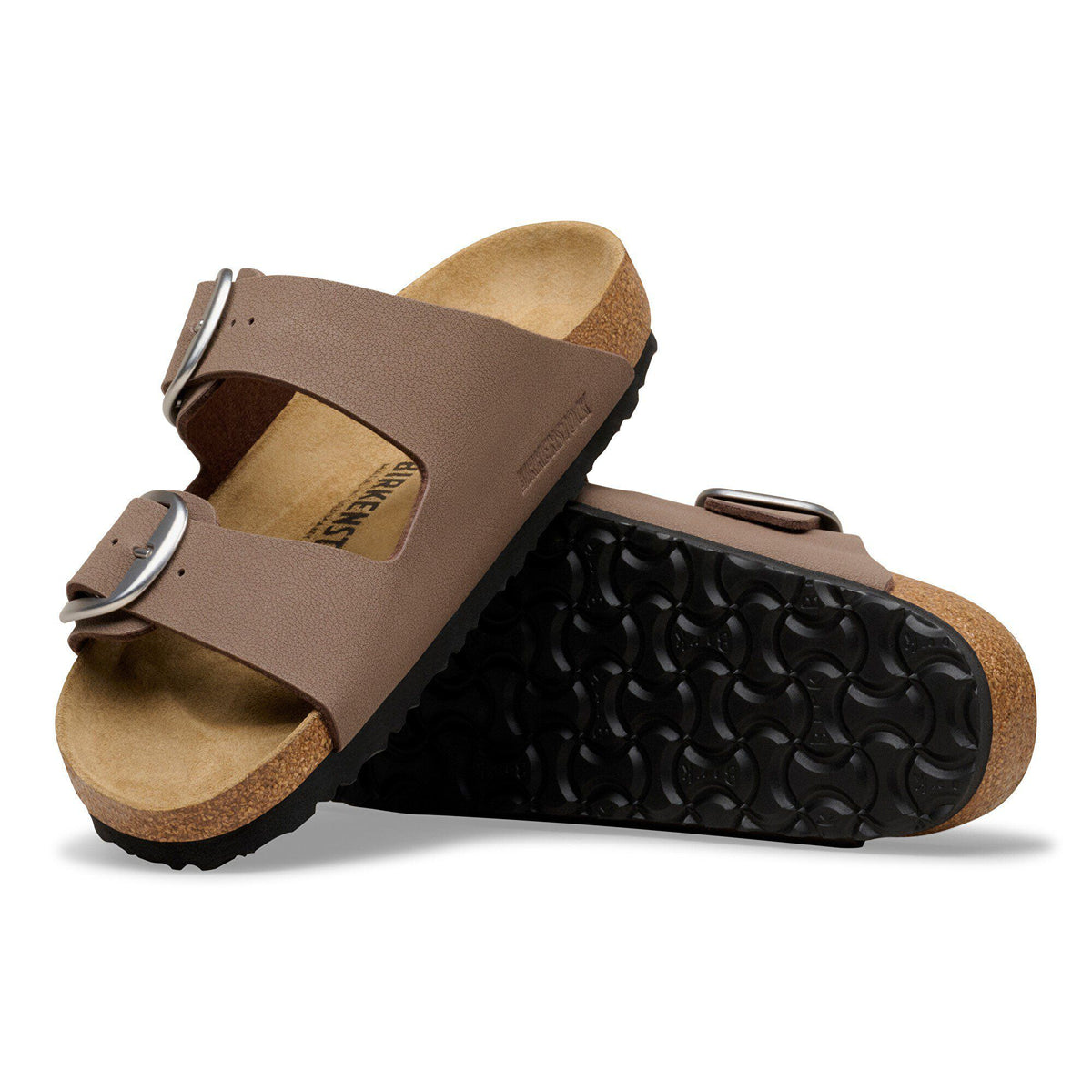 Birkenstock Arizona Big Buckle sandals shown as a pair, one upright and one showing the sole