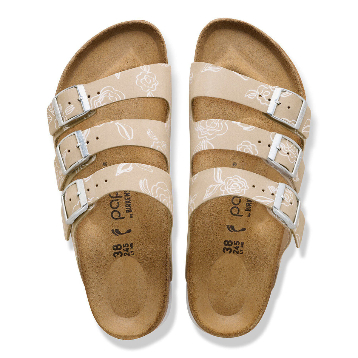 Pair of three-strap sandals with floral print and silver buckles, top-down view