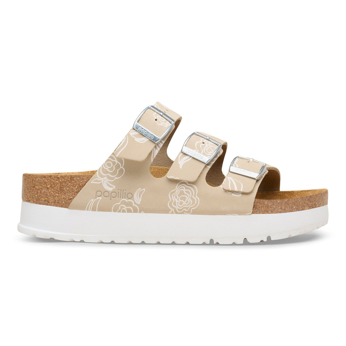 Papillio by Birkenstock three-strap platform sandal with floral print and cork footbed, side view