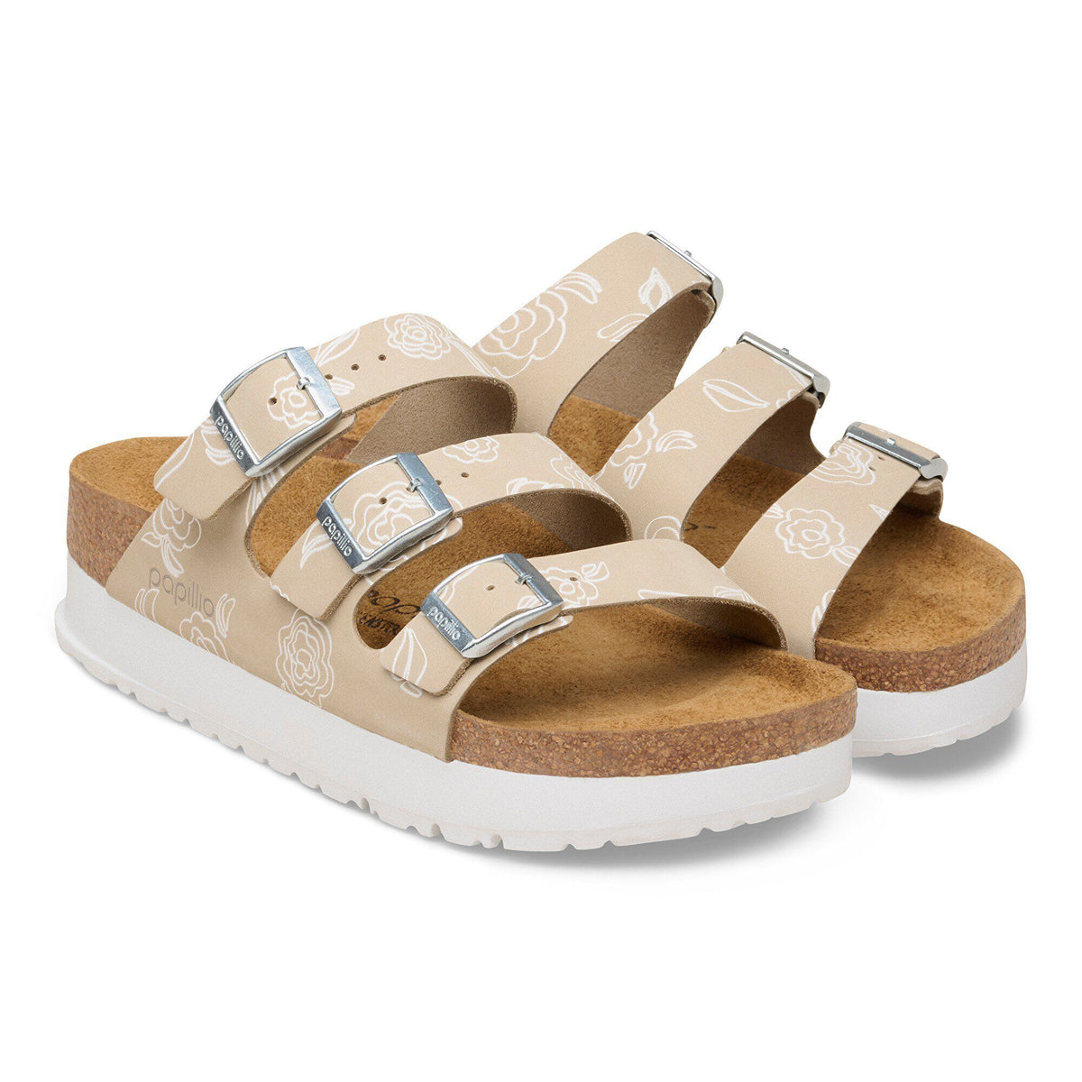 Birkenstock Papillio platform sandals with three buckle straps and white floral rose pattern