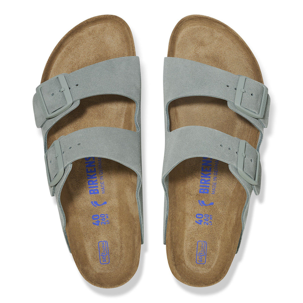 Birkenstock Arizona two-strap suede sandals with buckle adjustments, top-down view