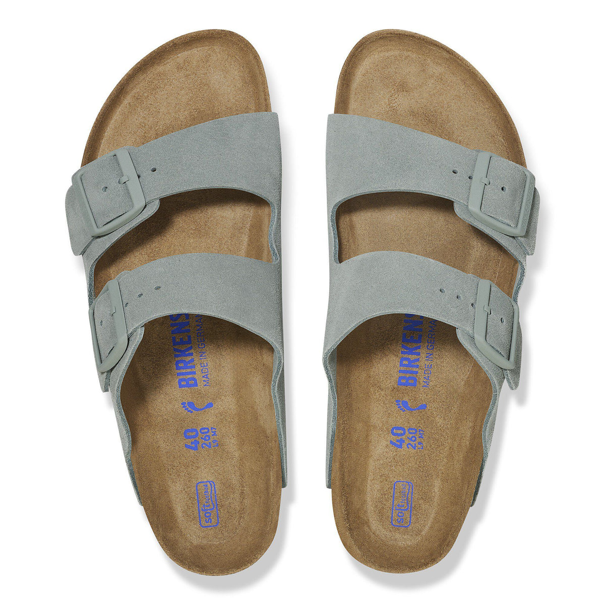 Birkenstock Arizona two-strap suede sandals with buckle adjustments, top-down view