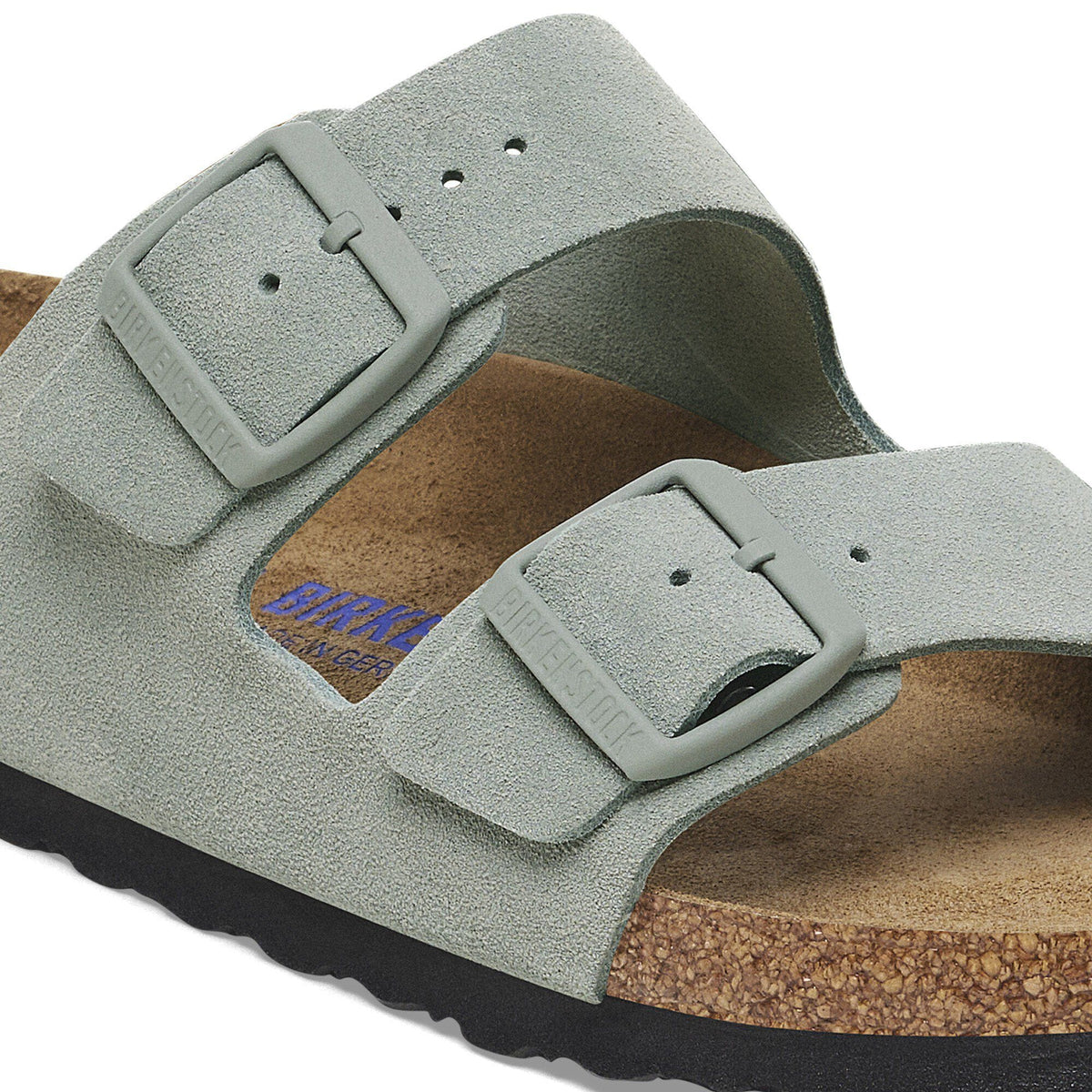 Birkenstock Arizona suede sandal with two adjustable buckle straps and cork footbed