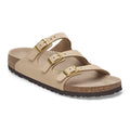Birkenstock Florida three-strap nubuck leather sandal with gold buckles and cork footbed