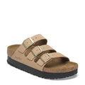 Papillio by Birkenstock three-strap platform sandal with gold buckles and cork footbed
