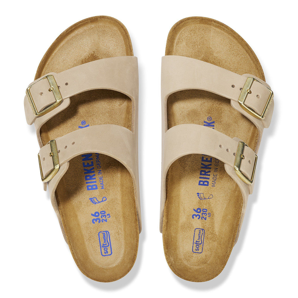 Birkenstock Arizona two-strap sandals with gold buckles, top-down view showing contoured footbed