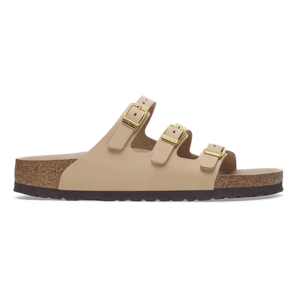 Birkenstock Florida three-strap slide sandal with gold buckles and cork footbed