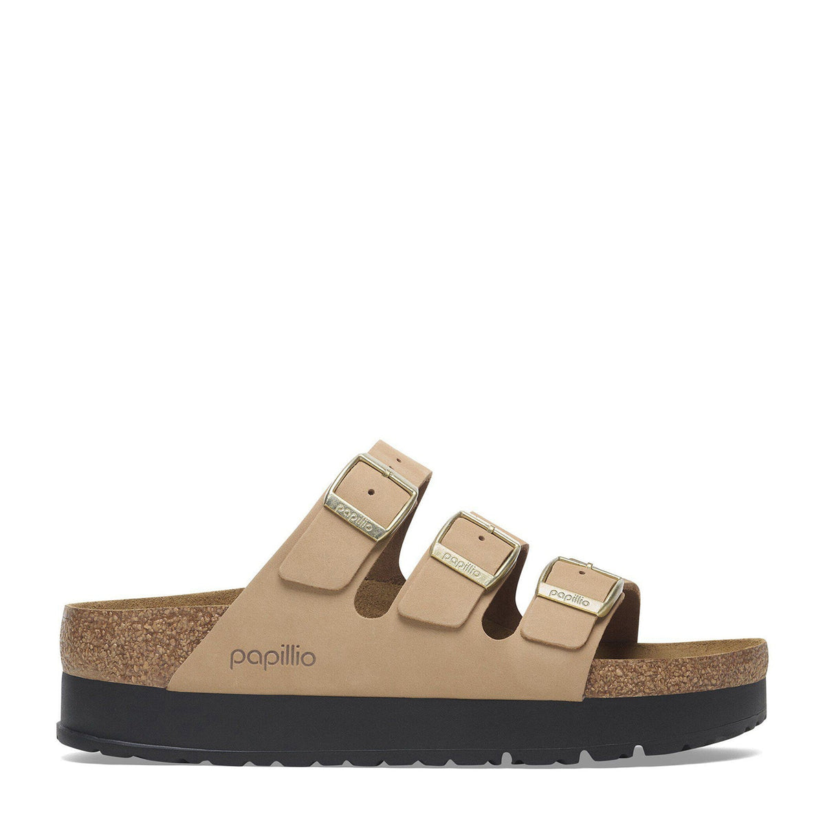 Papillio by Birkenstock three-strap platform sandal with gold buckles on cork sole