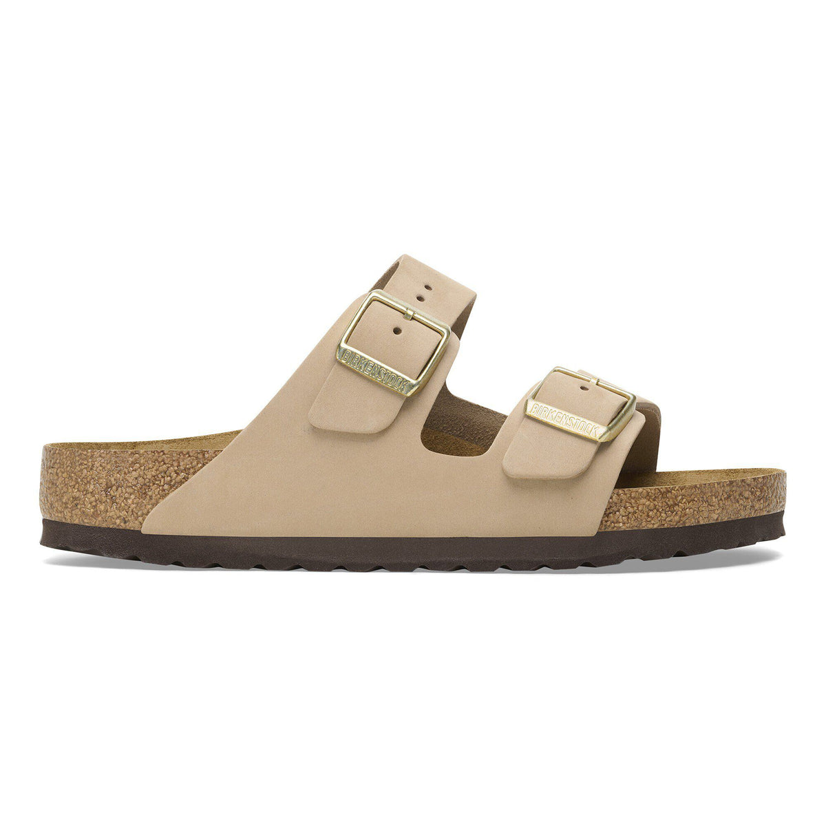 Birkenstock Arizona two-strap sandal with gold buckles and cork footbed, lateral view