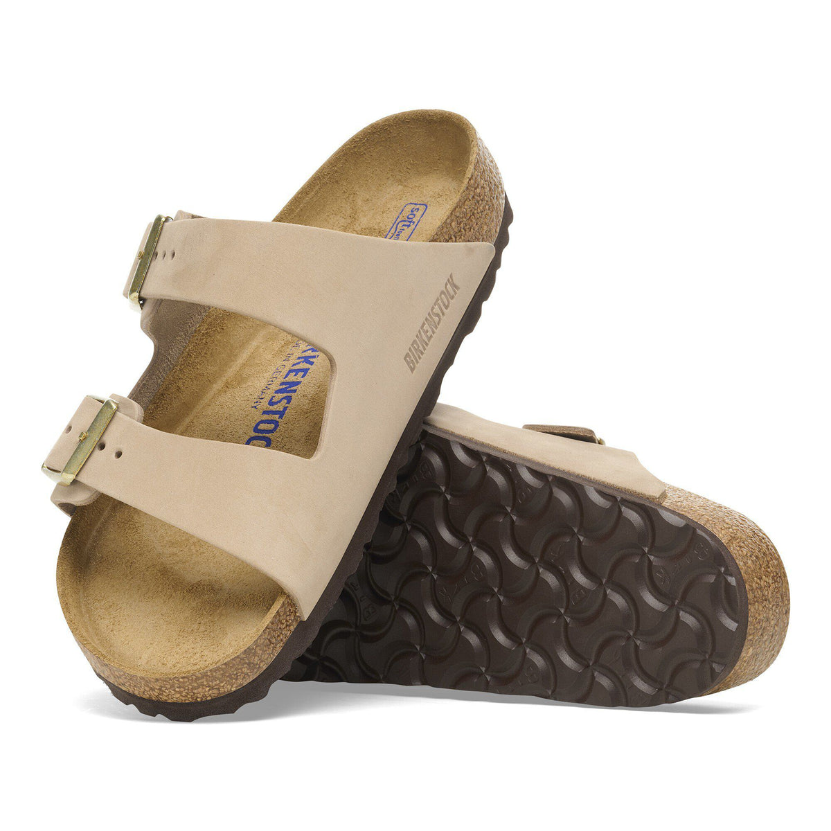 Birkenstock Arizona two-strap sandals with cork footbed shown from side and bottom angles