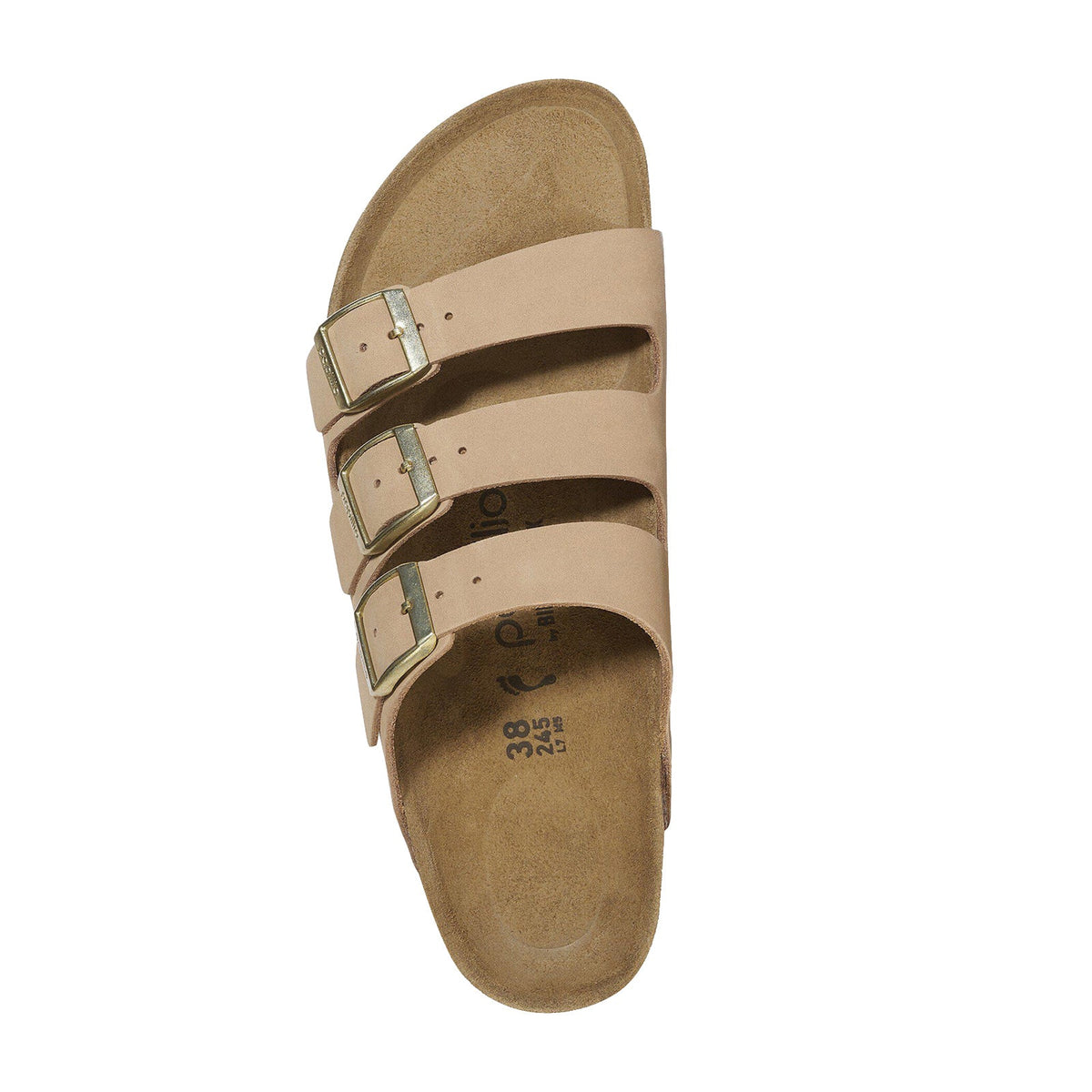 Top-down view of a three-strap nubuck leather sandal with gold buckles and suede footbed