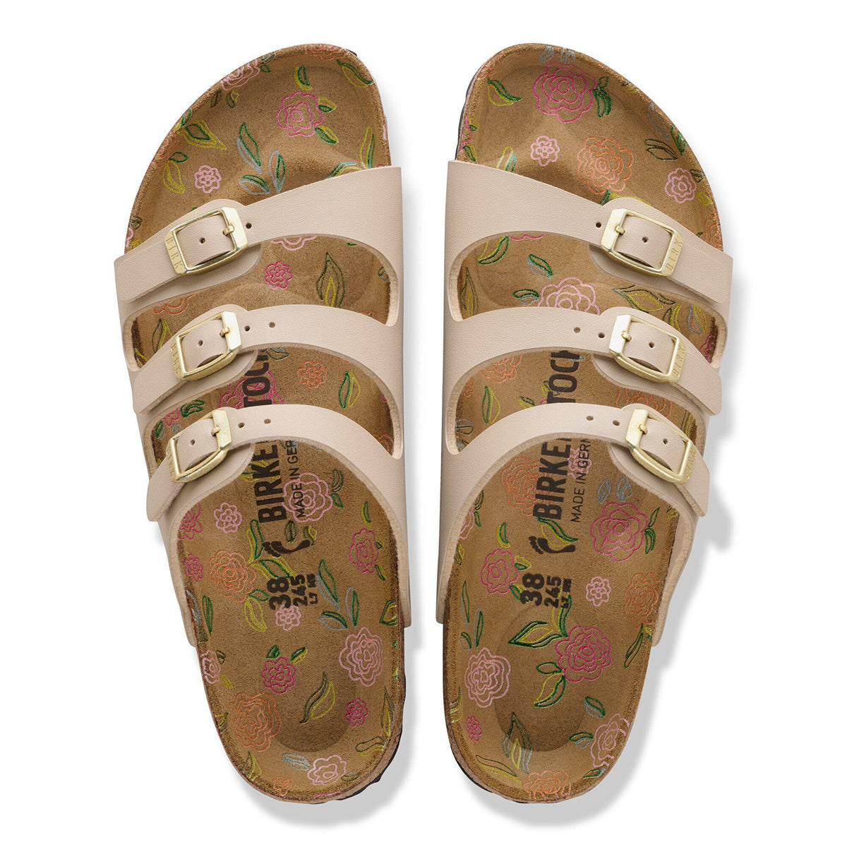 Birkenstock Florida three-strap sandals with floral embossed footbed, top-down view