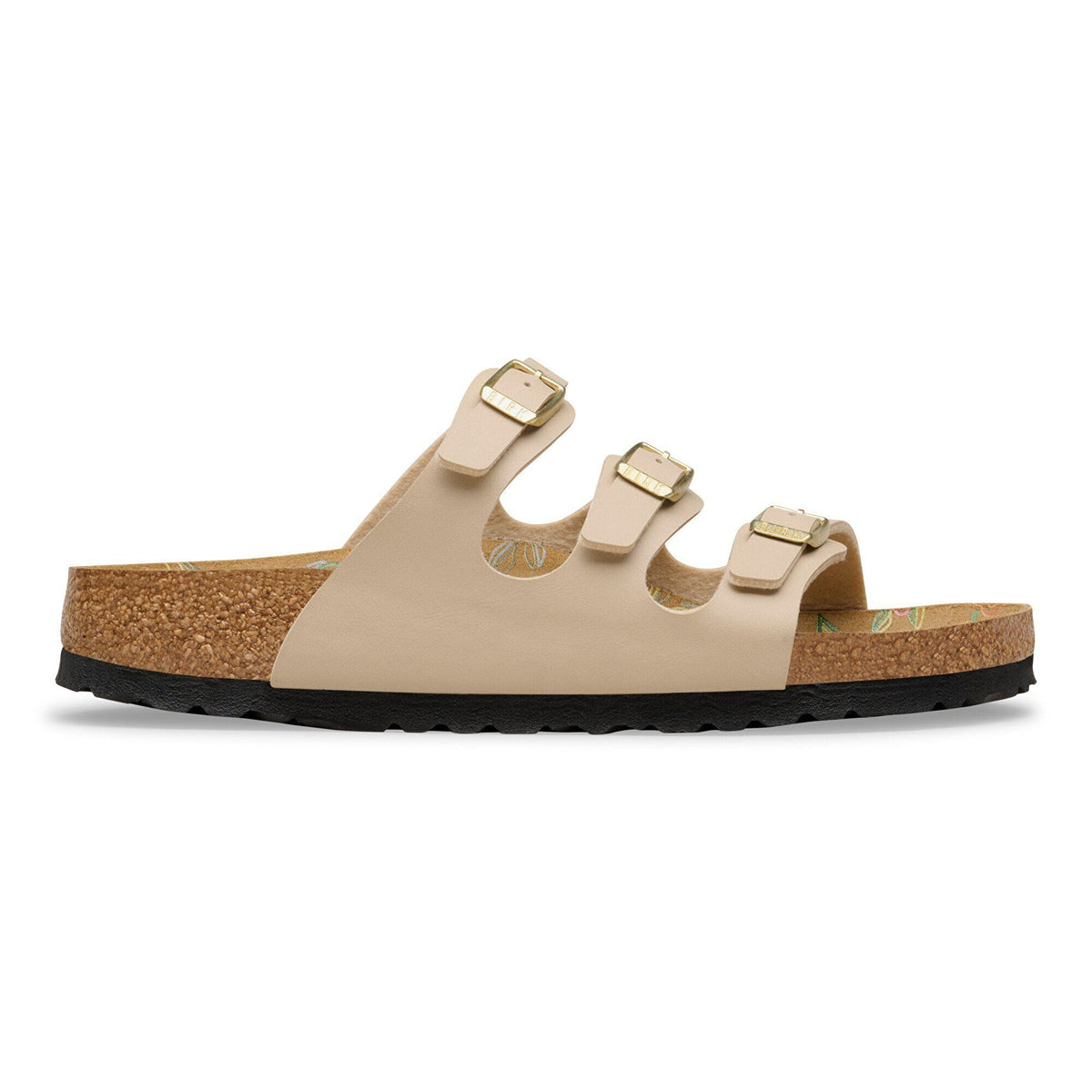 Birkenstock Florida three-strap sandal with cork footbed and gold buckles, side view