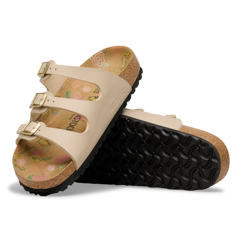 Birkenstock Florida three-strap slide sandals with cork footbed and floral interior lining