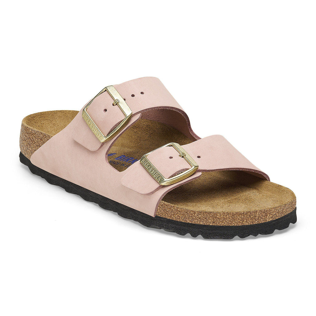 Birkenstock Arizona two-strap nubuck leather sandal with gold buckles and cork footbed