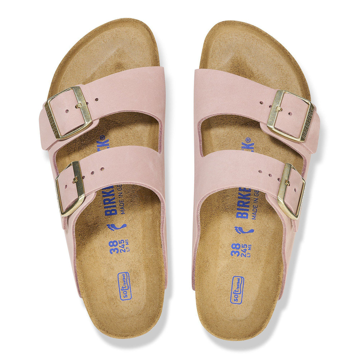 Birkenstock Arizona two-strap sandals with gold buckles and cork footbed, top view