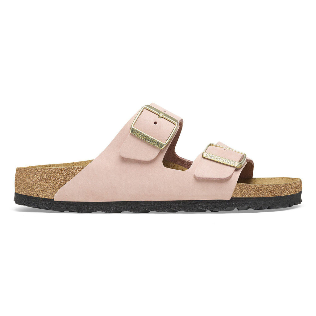 Birkenstock Arizona two-strap nubuck leather sandal with cork footbed and gold buckles