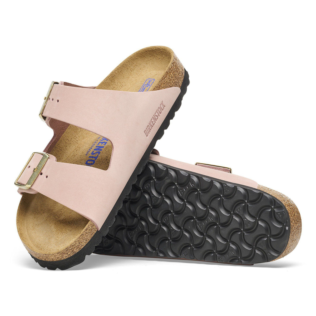 Birkenstock Arizona sandals with two adjustable buckle straps and cork footbed, shown from side and sole