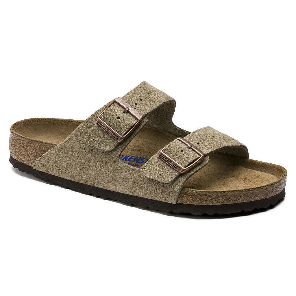Birkenstock Arizona two-strap suede sandal with buckle closures and cork footbed, angled view