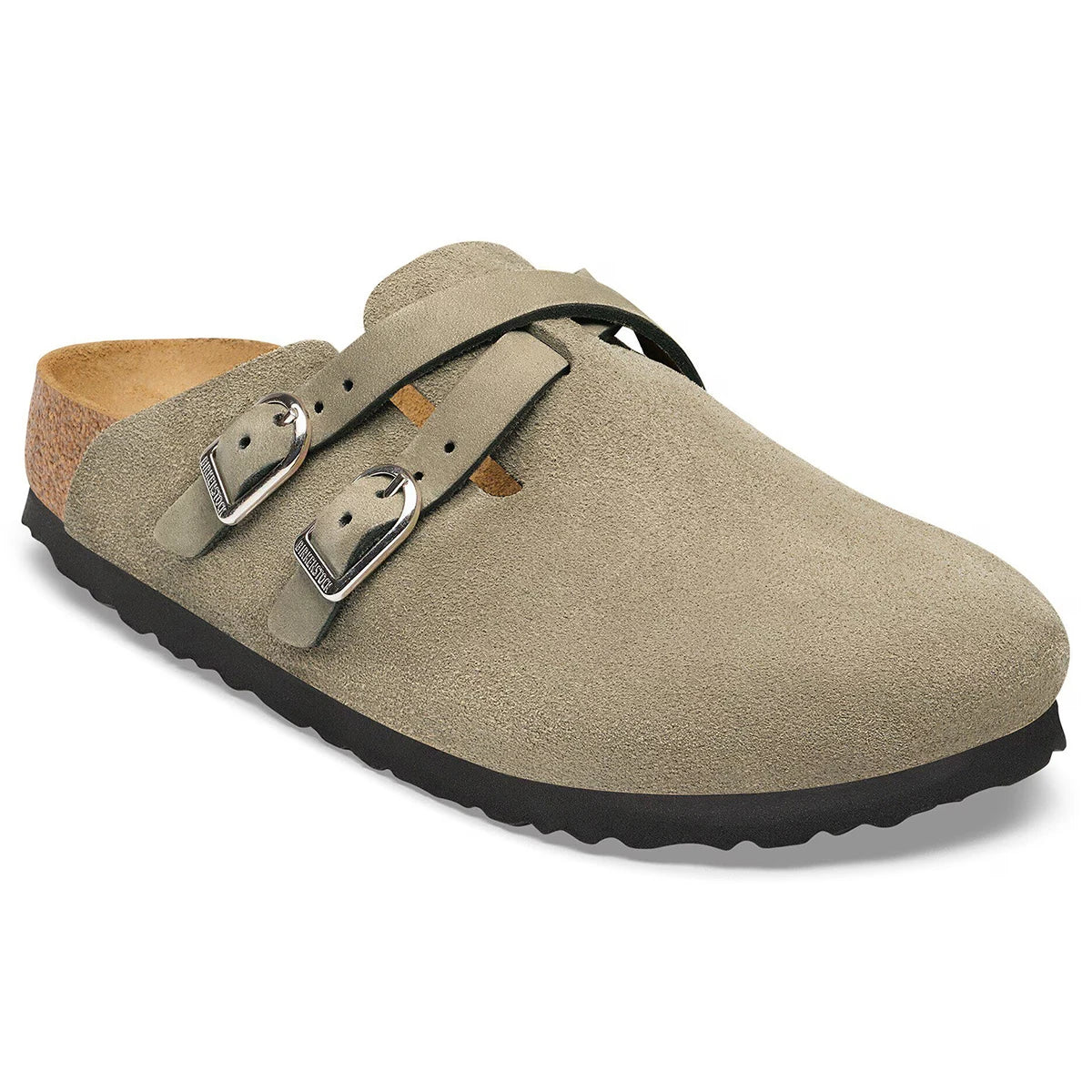 Birkenstock suede clog with two adjustable buckle straps and cork footbed on black sole