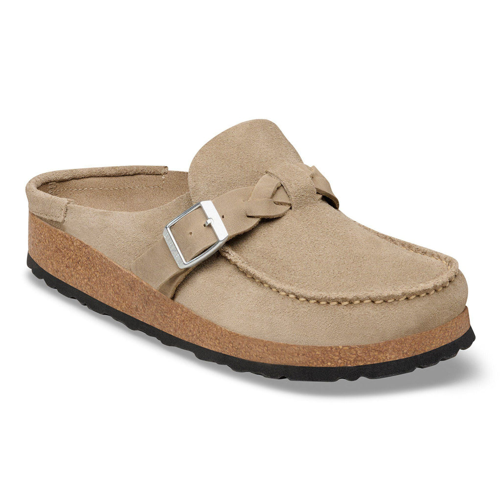Birkenstock Buckley Braided suede clog mule with silver buckle and cork sole
