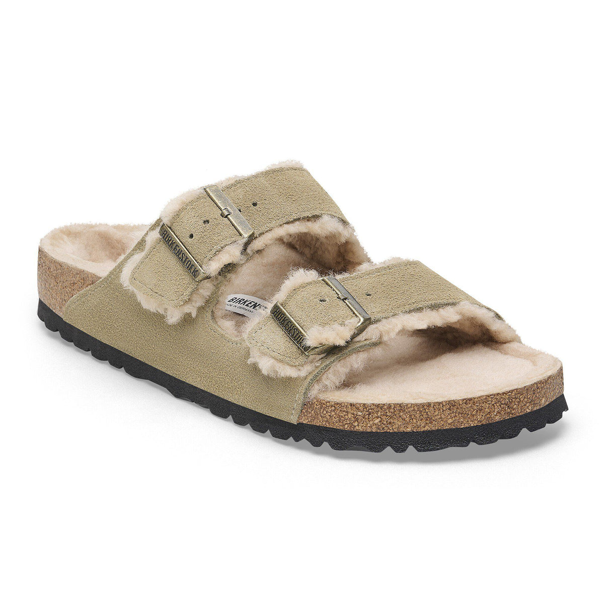 Birkenstock Arizona Shearling Flex suede sandal with two adjustable buckle straps and shearling lining