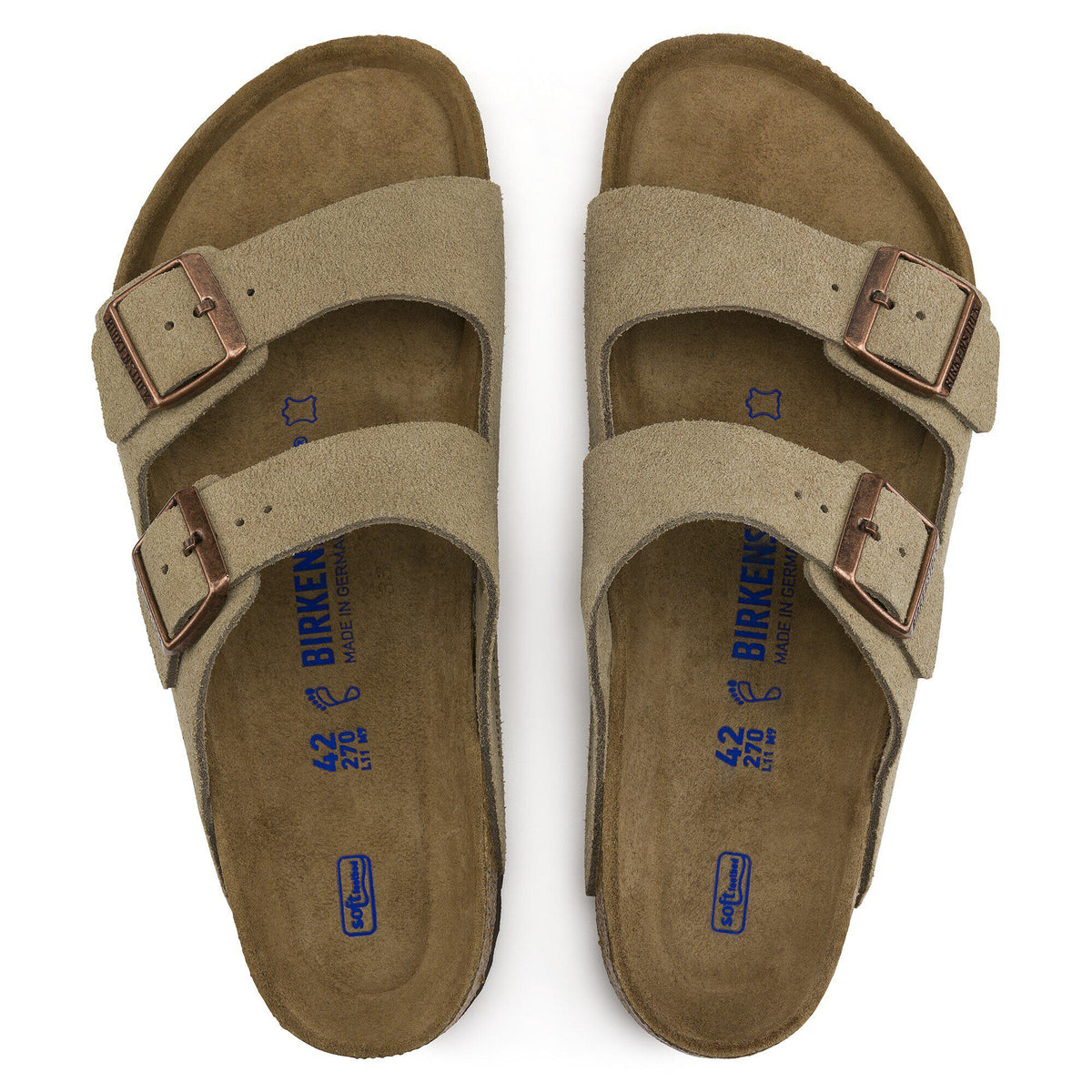 Birkenstock Arizona suede sandals with two adjustable buckle straps, top-down view