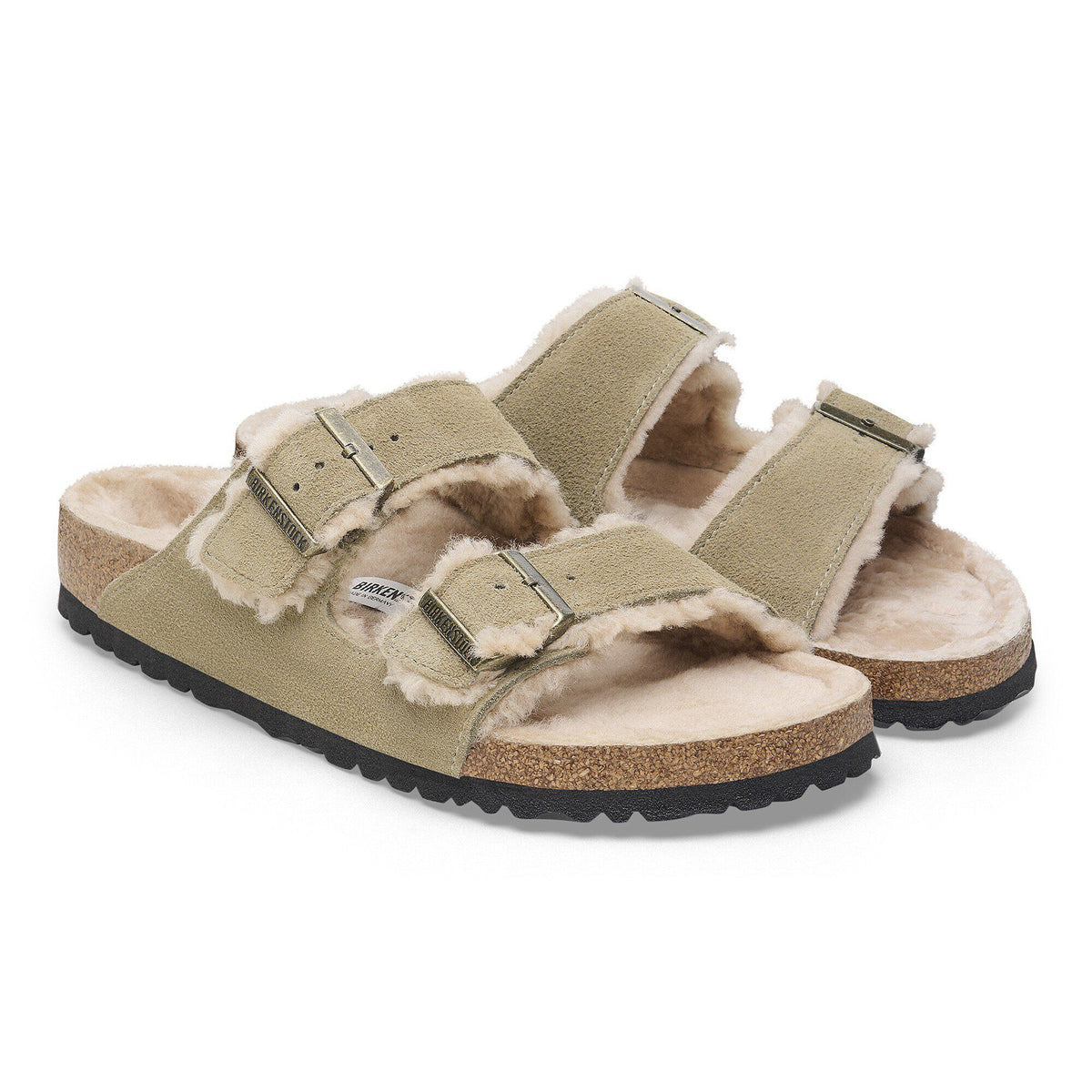 Birkenstock Arizona Shearling Flex suede sandals with double buckle straps and shearling lining, pair shown