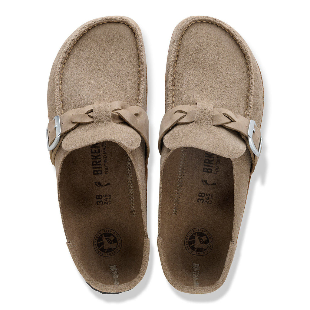 Birkenstock Buckley Braided suede clogs with braided strap and silver buckle, top view