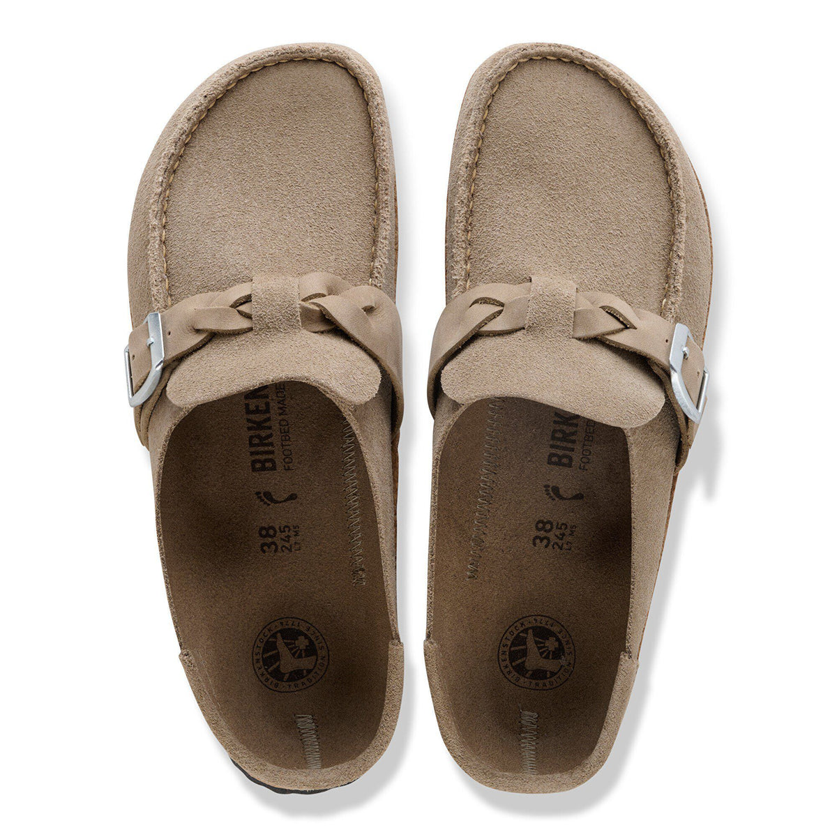 Birkenstock Buckley Braided suede clogs with braided strap and silver buckle, top view