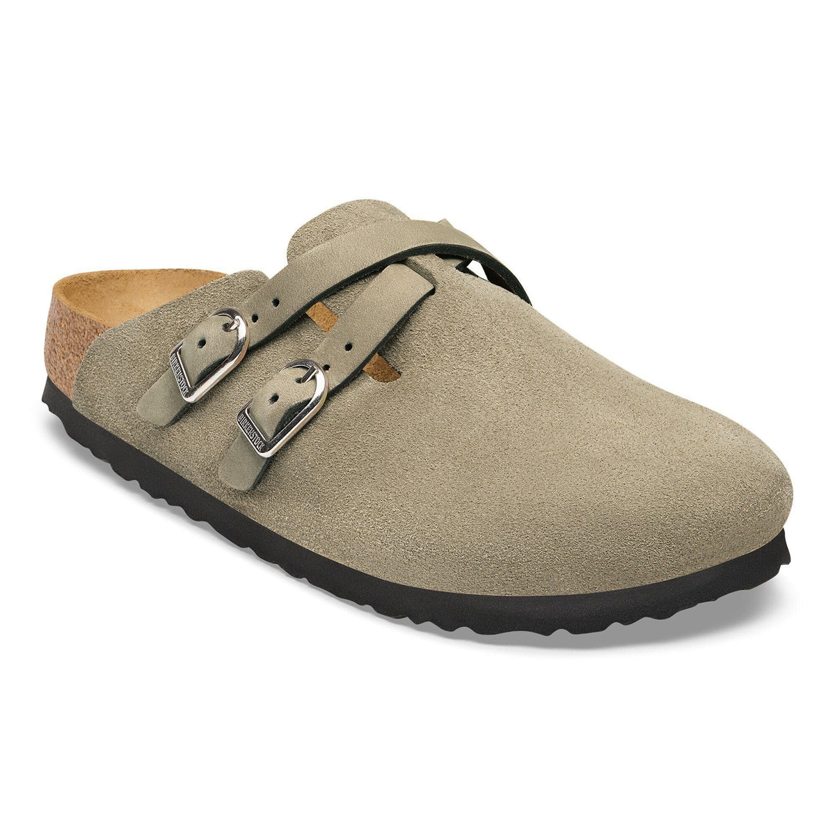 Birkenstock Blair suede clog with two adjustable buckle straps and cork footbed