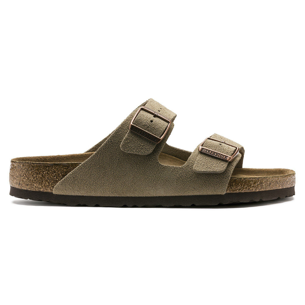 Birkenstock Arizona two-strap suede sandal with cork footbed, side profile view