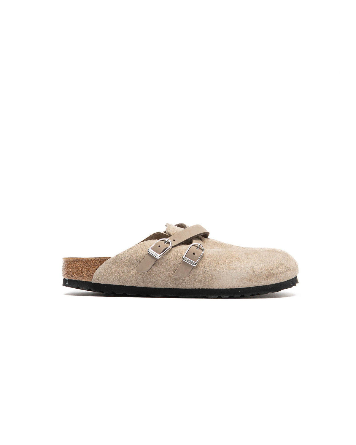 Birkenstock Blair suede closed-toe mule clog with two buckle straps and cork footbed