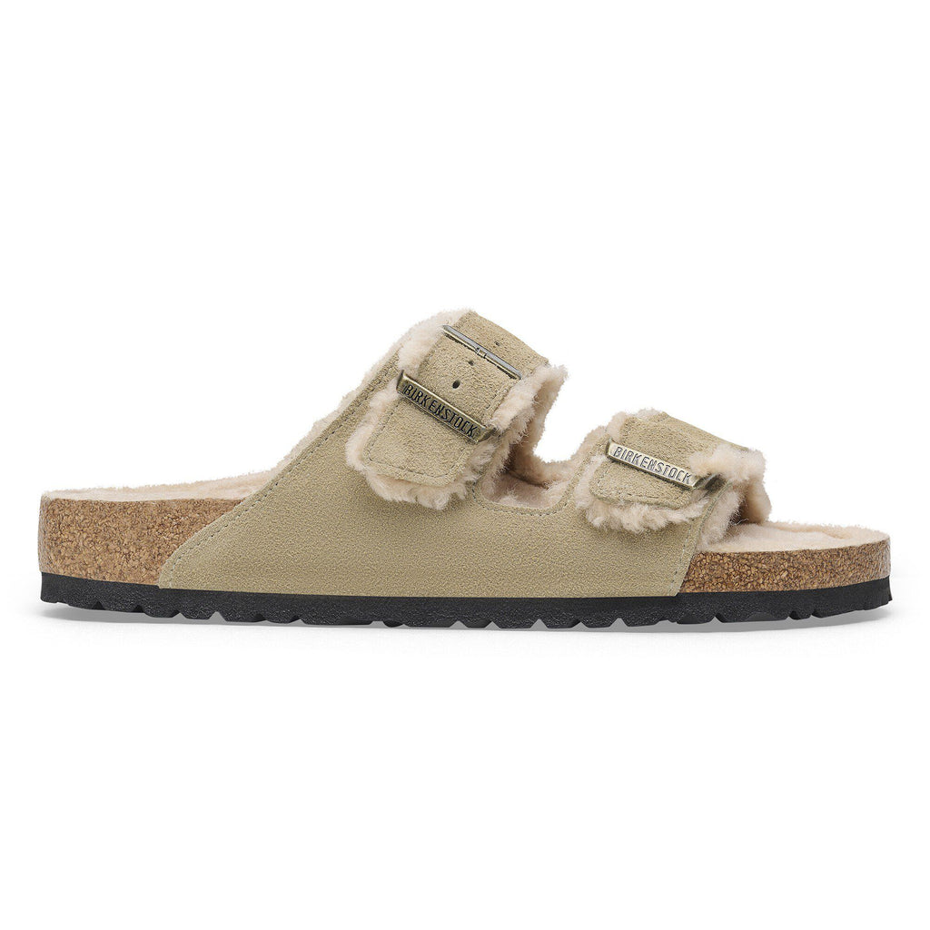Birkenstock Arizona Shearling Flex single sandal with suede straps and cork footbed