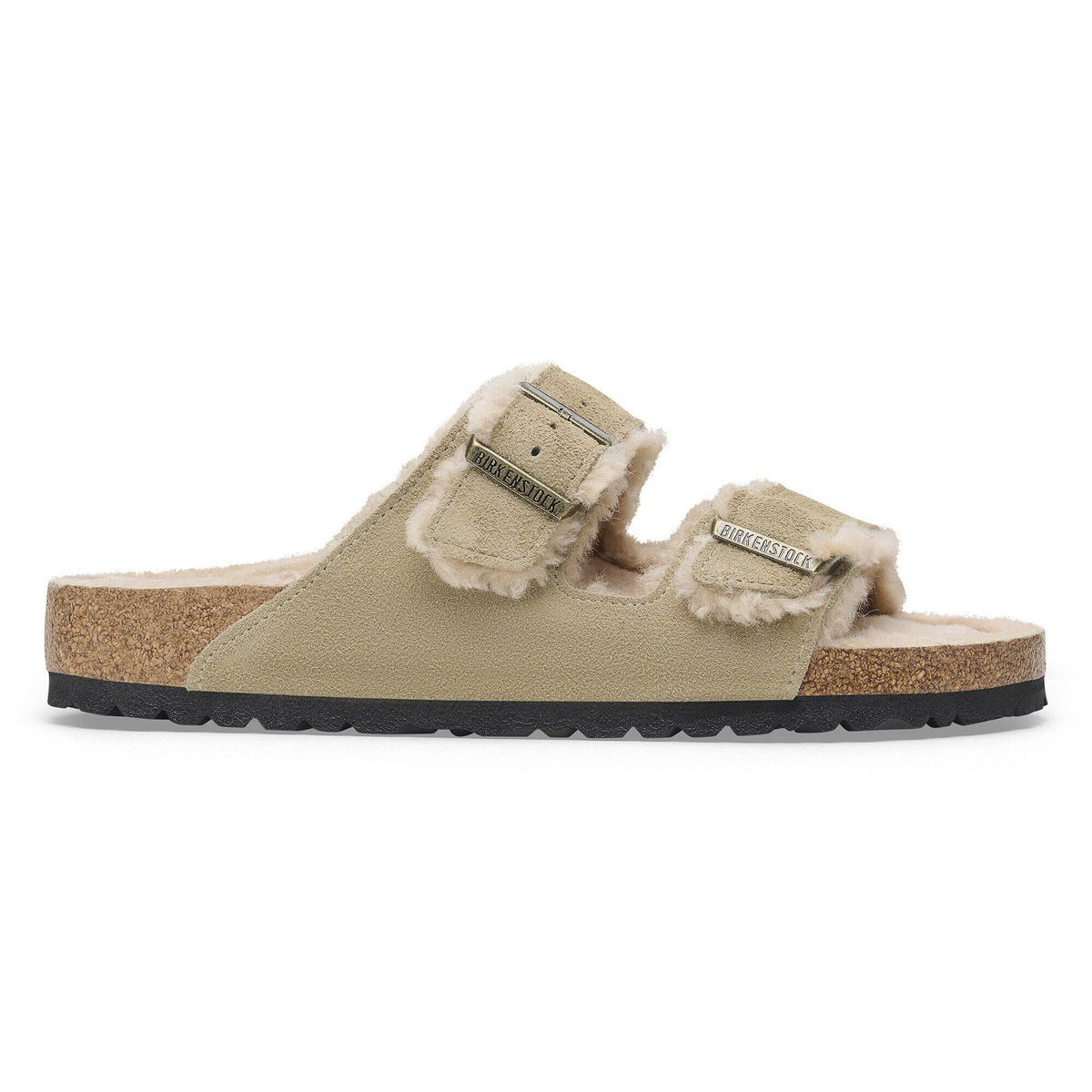 Birkenstock Arizona Shearling Flex single sandal with suede straps and cork footbed
