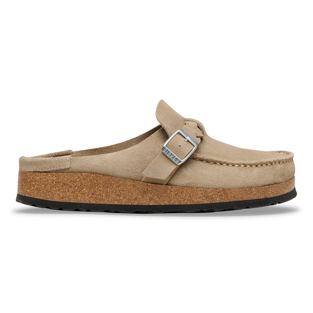 Birkenstock Buckley Braided suede clog mule with silver buckle and cork footbed, side view