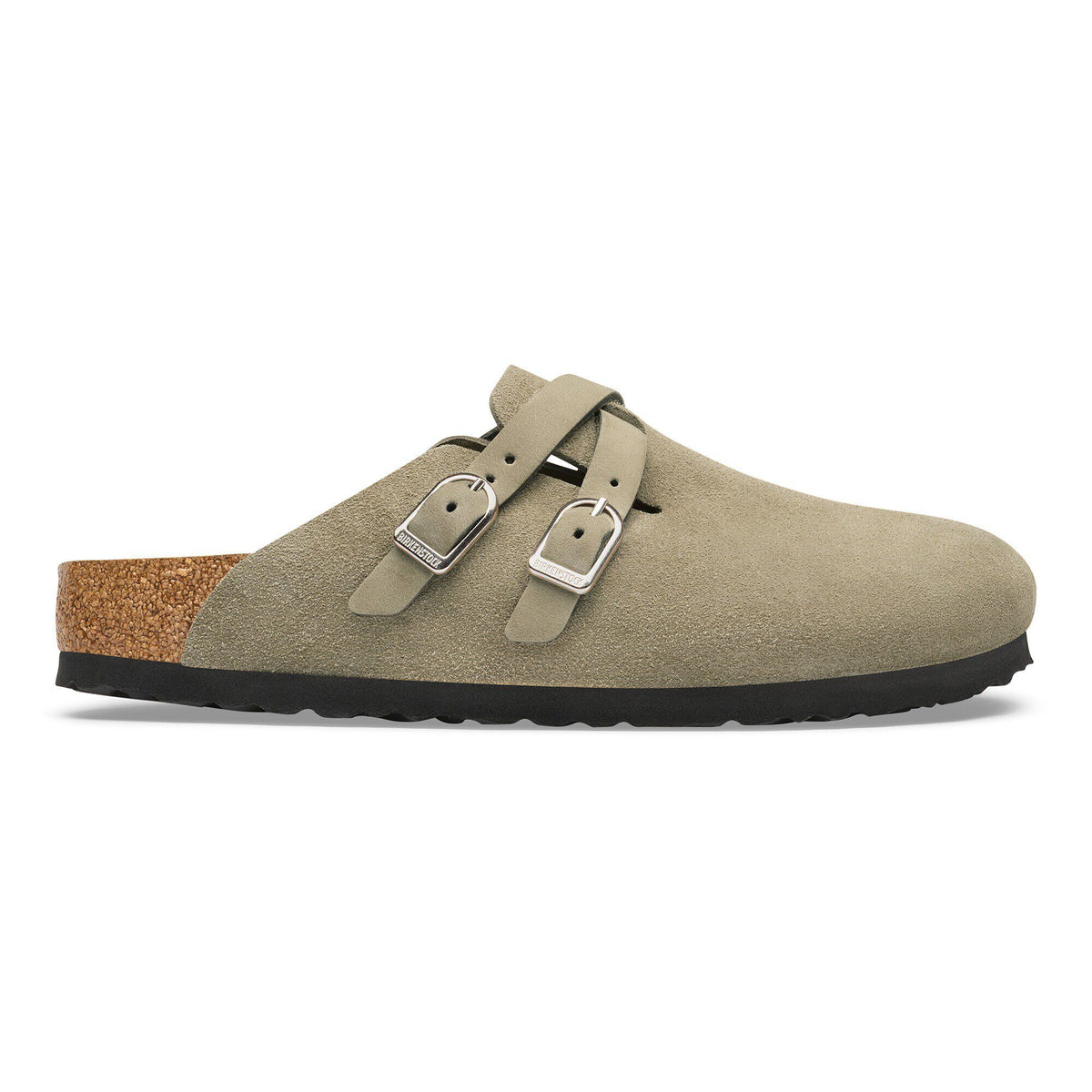 Birkenstock Blair suede clog with two silver buckle straps and cork footbed