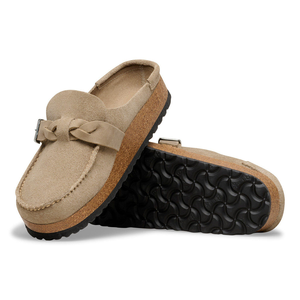Birkenstock Buckley Braided suede clogs with cork platform and braided buckle strap, pair shown from side and bottom