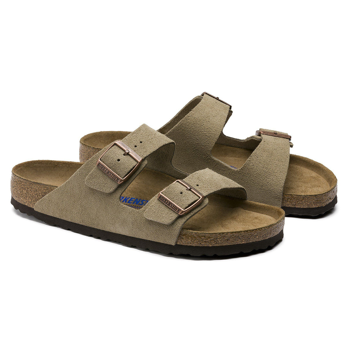 Birkenstock Arizona two-strap suede sandals with cork footbed and adjustable buckles