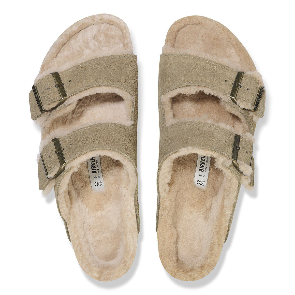Birkenstock Arizona Shearling Flex Suede sandals with buckle straps and fluffy footbed, top view