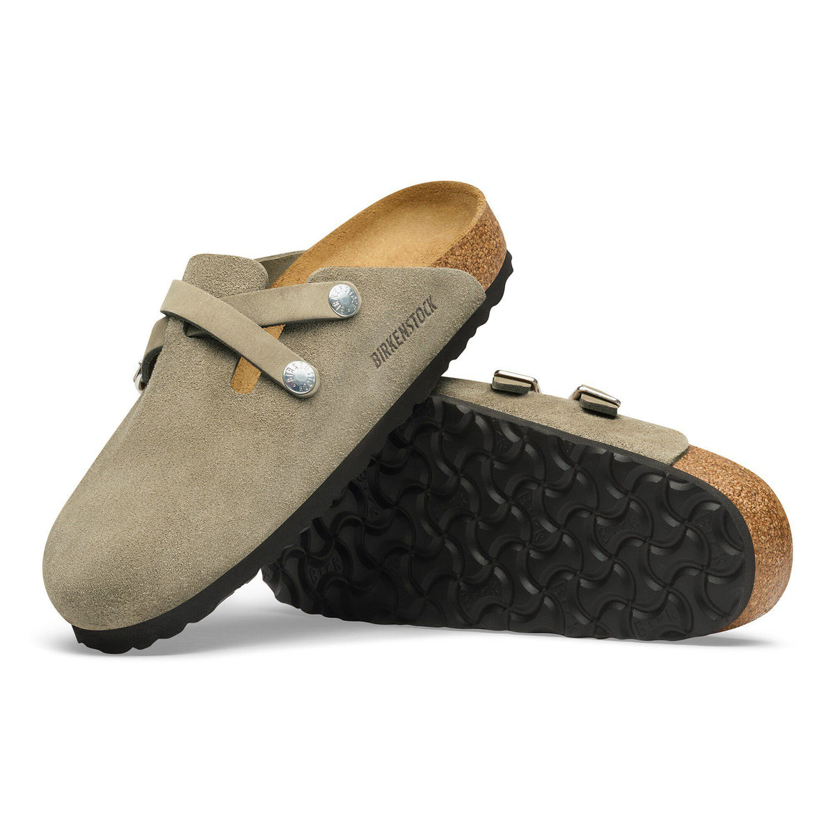 Birkenstock Blair suede clogs shown as a pair displaying upper and textured outsole tread