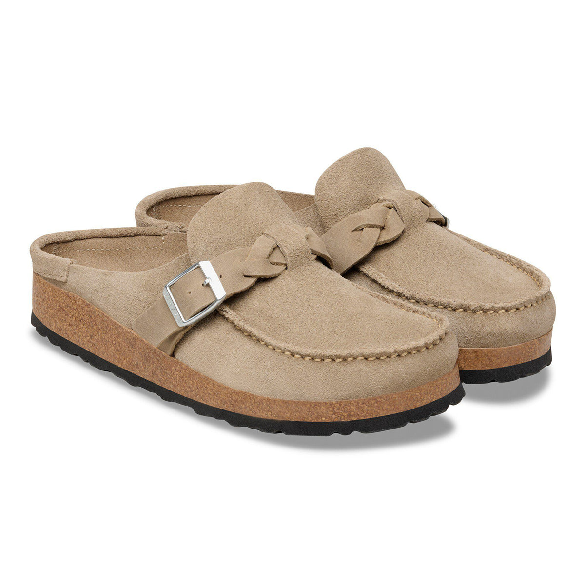 Birkenstock Buckley Braided suede clogs with cork sole and silver buckle detail, pair view