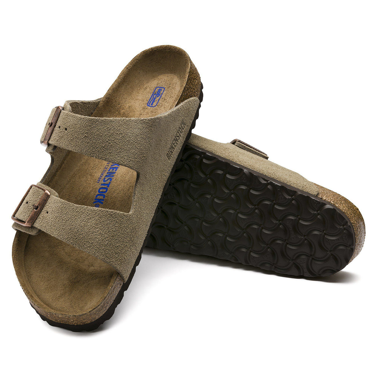 Birkenstock Arizona two-strap suede sandals shown from top and sole angles